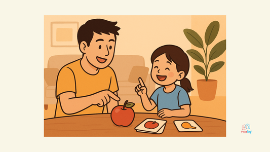 A father pointing at an apple with the daughter telling him what it is