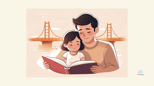 a father and daughter reading a book together in front of a bridge